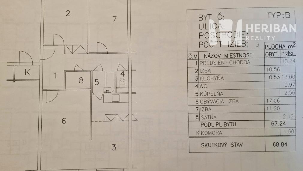 3-izb.byt, 69m2, pražský typ, Ružínska ul, Západ-Terasa